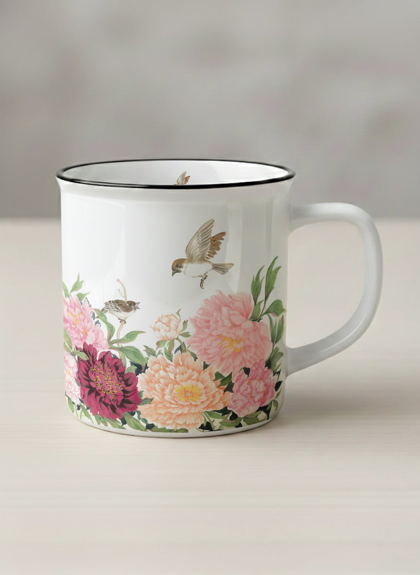 Enamel Mug | A Tapestry of Flowers mug with watercolor bird flying amid pink/red flowers by Alice Wong - Gallery By Inhesion