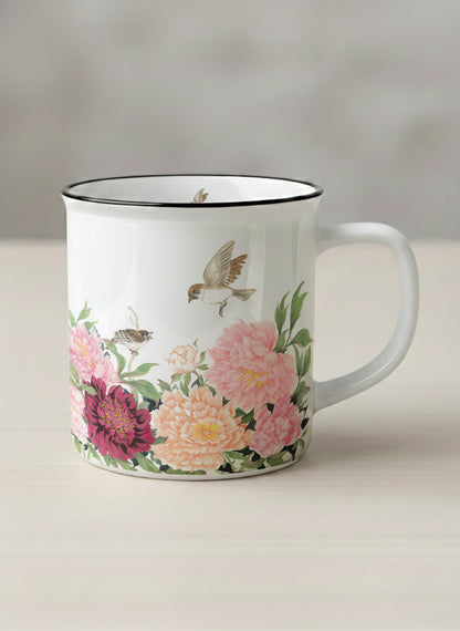 Enamel Mug | A Tapestry of Flowers mug with watercolor bird flying amid pink/red flowers by Alice Wong - Gallery By Inhesion