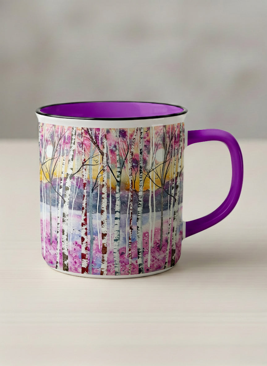 enamel Mug | Living in Colour mug shows colorful watercolor birch trees in a dreamy forest landscape by Renee Pupetz - Gallery By Inhesion