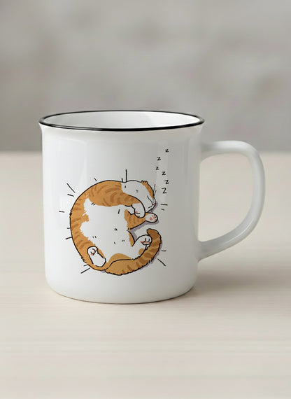 enamel Mug | Sweet Dreams mug, a ginger tabby cat curled into a perfect circle fast asleep with tiny zzz's floating above, clean white interior and handle, by Hyun Jung Cho - Gallery By Inhesion
