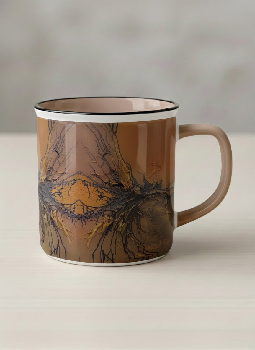 Enamel Mug | Flowing Essence mug showing abstract marbled pattern in brown, black, and gold tones by Mersedes Mein - Gallery By Inhesion