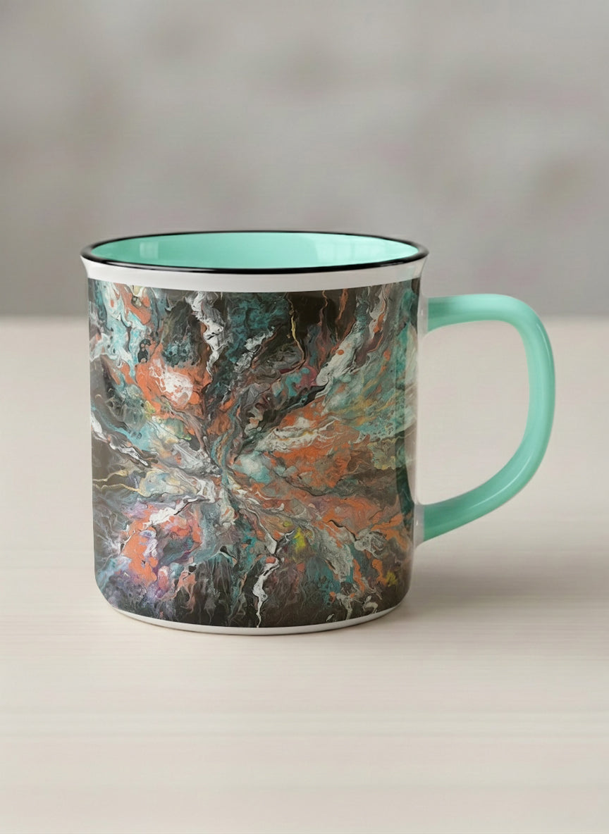 Enamel Mug | Winged Light mug showing a fluid art painting with swirling, multicolored design by Renee Pupetz - Gallery By Inhesion