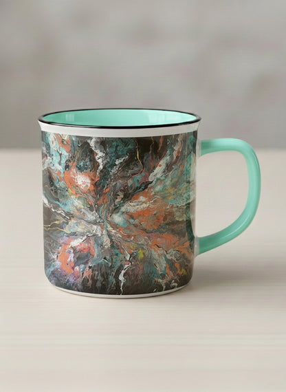 Enamel Mug | Winged Light mug showing a fluid art painting with swirling, multicolored design by Renee Pupetz - Gallery By Inhesion