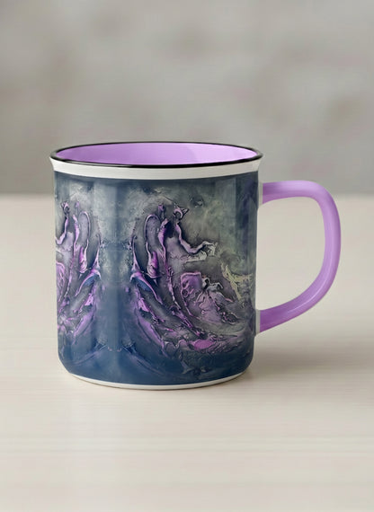 Enamel Mug | Modern purple tea mug with elegant abstract floral-inspired marbling, pastel handle, and contemporary design for home or office use.