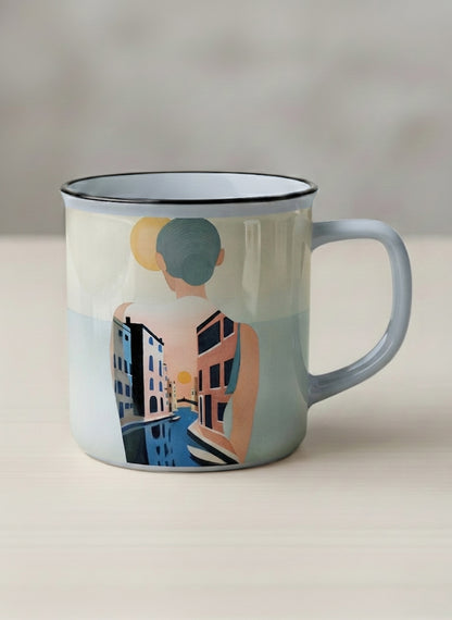 Enamel mug | Memory on the Bridge mug a solitary figure gazing over a sunlit Venetian canal lined with terracotta buildings, soft powder blue interior and handle, by KikaG - Gallery By Inhesion
