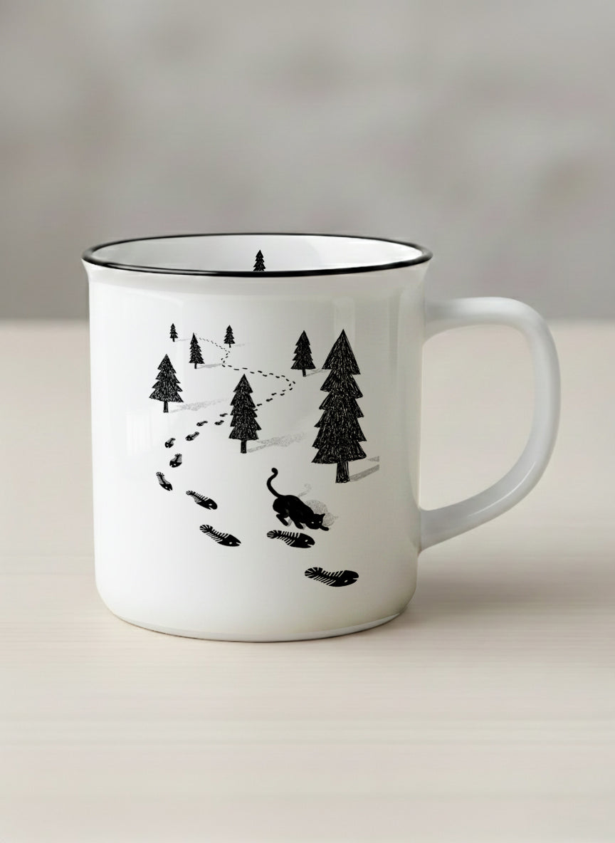 Enamel Mug | The Curious Cat mug shows a sketch of a cat following fish-shaped footprints by Tang Yau Hoong - Gallery By Inhesion