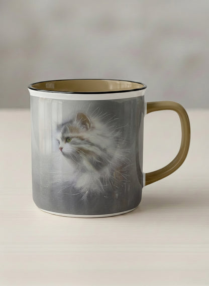 Enamel Mug | Wild and Free mug, photorealistic cat portrait emerging from a soft smoky mist, warm beige interior and handle, by Karina Mosser - Gallery By Inhesion