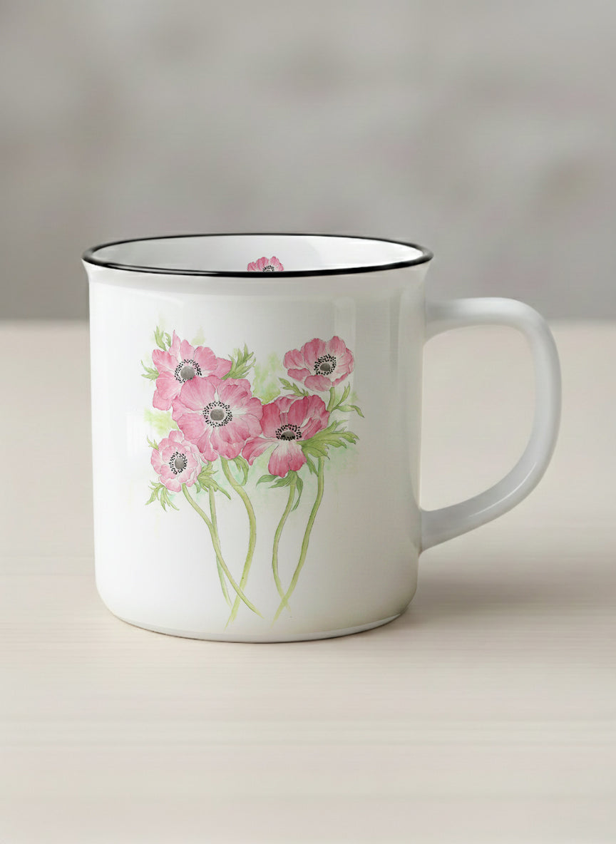 Enamel Mug | Dancing in Spring mug showing delicate pink flowers by Alice Wong - Gallery By Inhesion