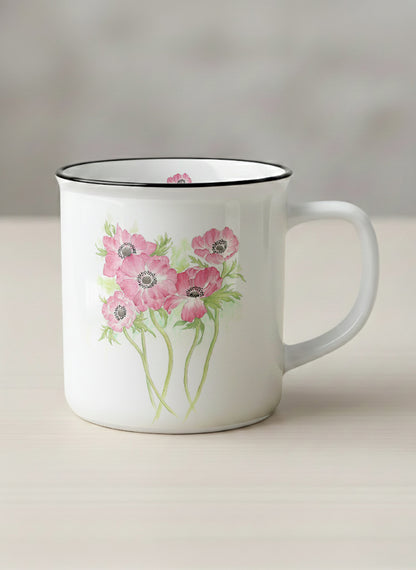 Enamel Mug | Dancing in Spring mug showing delicate pink flowers by Alice Wong - Gallery By Inhesion