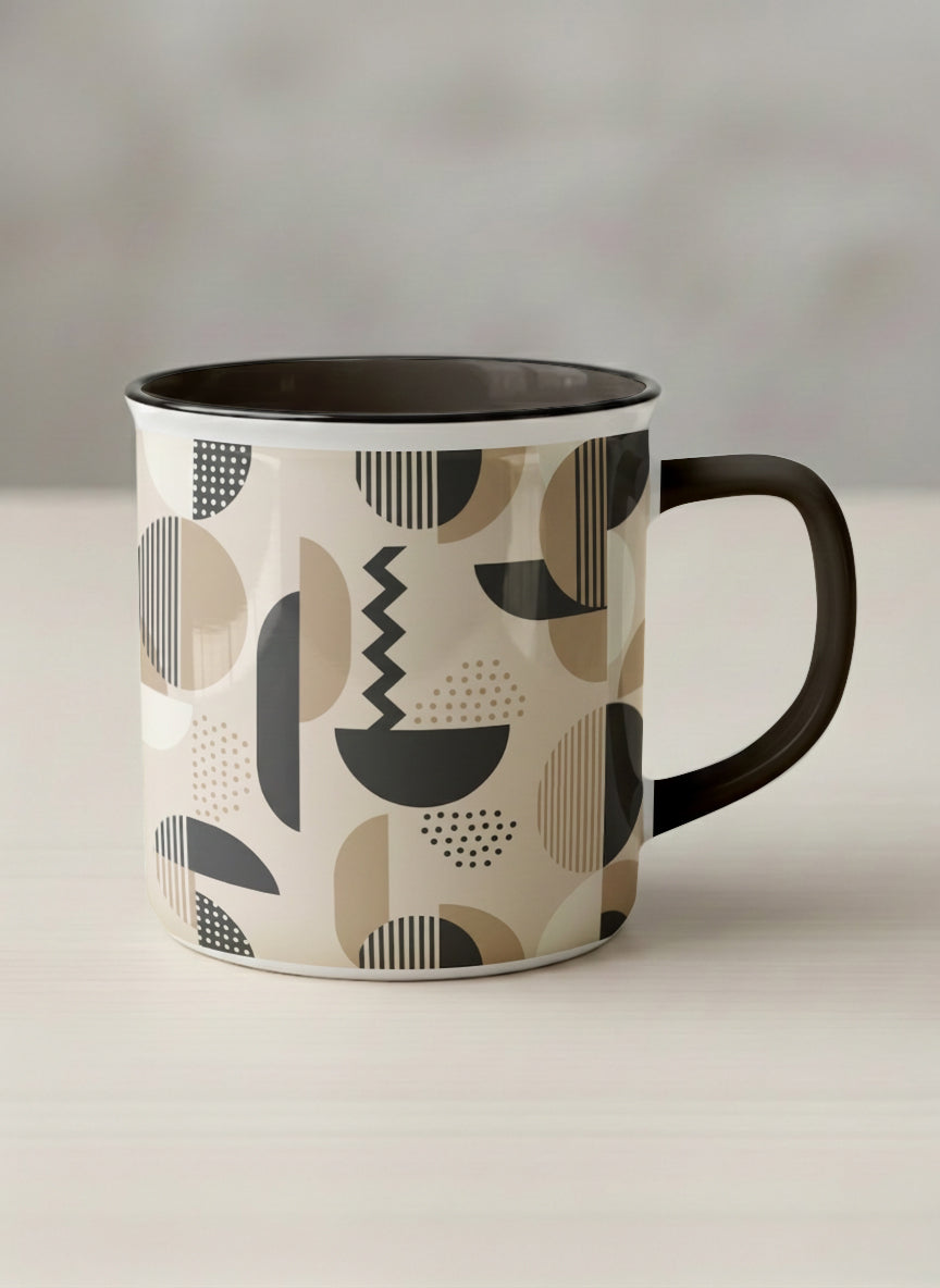 Enamel Mug | Parallel Dune Echo mug, beige and charcoal geometric shapes with dots and stripes, dark interior and handle, by Alan CL Lee - Gallery By Inhesion