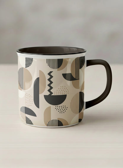 Enamel Mug | Parallel Dune Echo mug, beige and charcoal geometric shapes with dots and stripes, dark interior and handle, by Alan CL Lee - Gallery By Inhesion