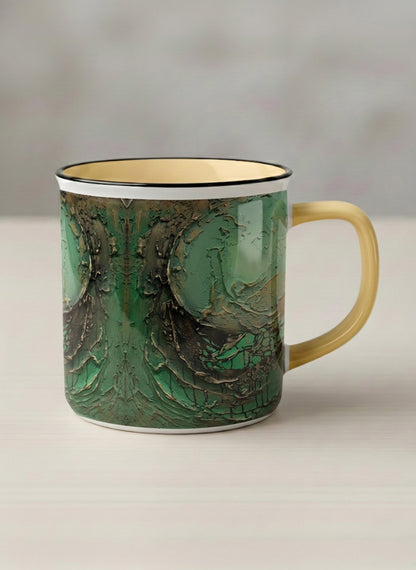 Enamel Mug | Emerald Magic mug showing abstract marbled pattern in green, gold, and earthy tones by Mersedes Mein - Gallery By Inhesion