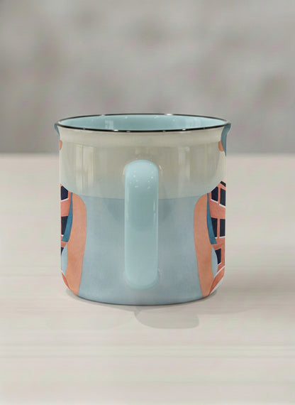 enamel mug | Memory on the Bridge side view mug a solitary figure gazing over a sunlit Venetian canal lined with terracotta buildings, soft powder blue interior and handle, by KikaG - Gallery By Inhesion