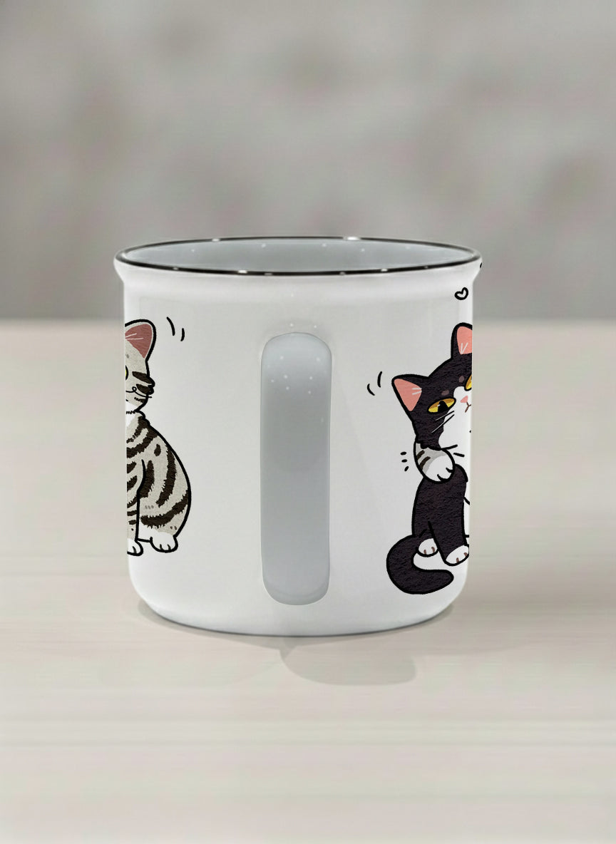 enamel mug | Best Buddies side view mug small tuxedo cat leaning into a chubby tabby with tiny floating hearts, sage interior, by Hyun Jung Cho