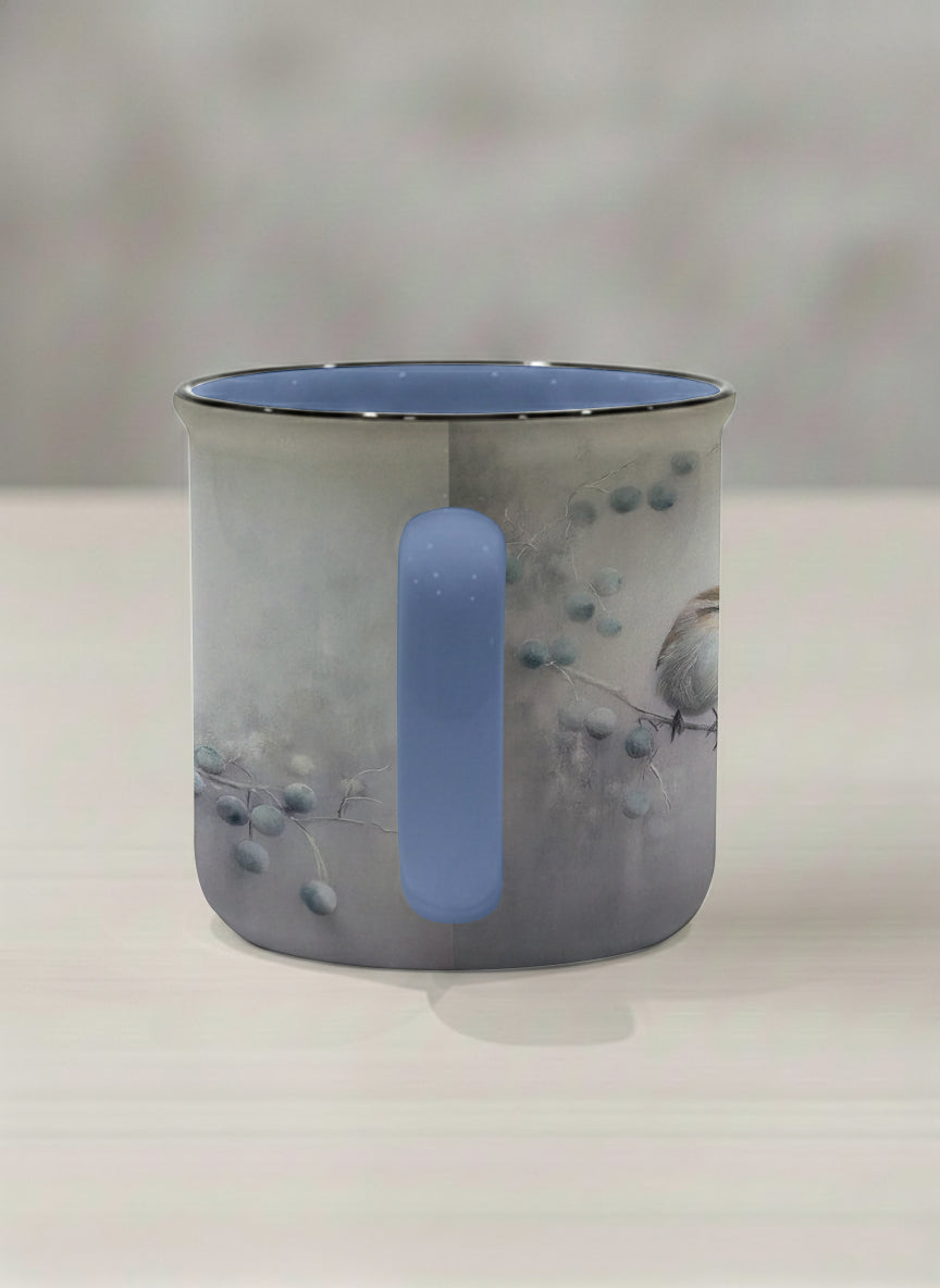 enamel mug | A Quiet Moment side view mug,solitary bird perched in a soft misty landscape with delicate dot details, dusty blue interior and handle, by Karina Mosser - Gallery By Inhesion