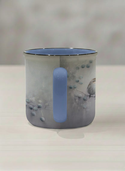 enamel mug | A Quiet Moment side view mug,solitary bird perched in a soft misty landscape with delicate dot details, dusty blue interior and handle, by Karina Mosser - Gallery By Inhesion