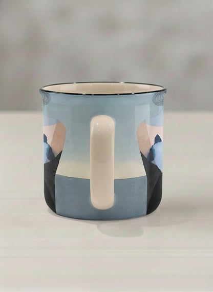 enamel mug | A Mountain to Climb side view mug woman gazing over jagged peaks and a golden sun on teal horizon, butter yellow interior, by KikaG - Gallery By Inhesion