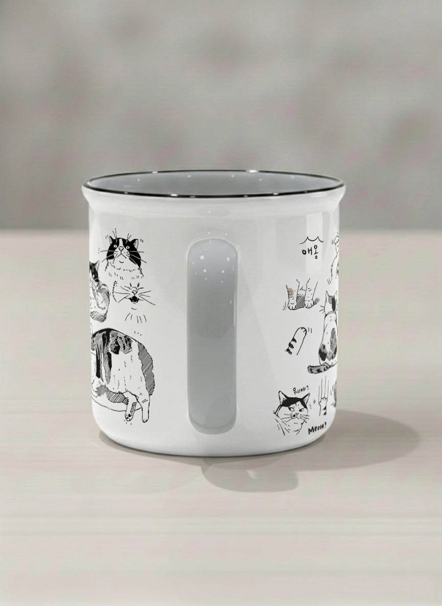 enamel mug | Moments of Curiosity side view mug  ink-sketched cats in playful poses with Korean script on white, grey interior, by Hyun Jung Cho