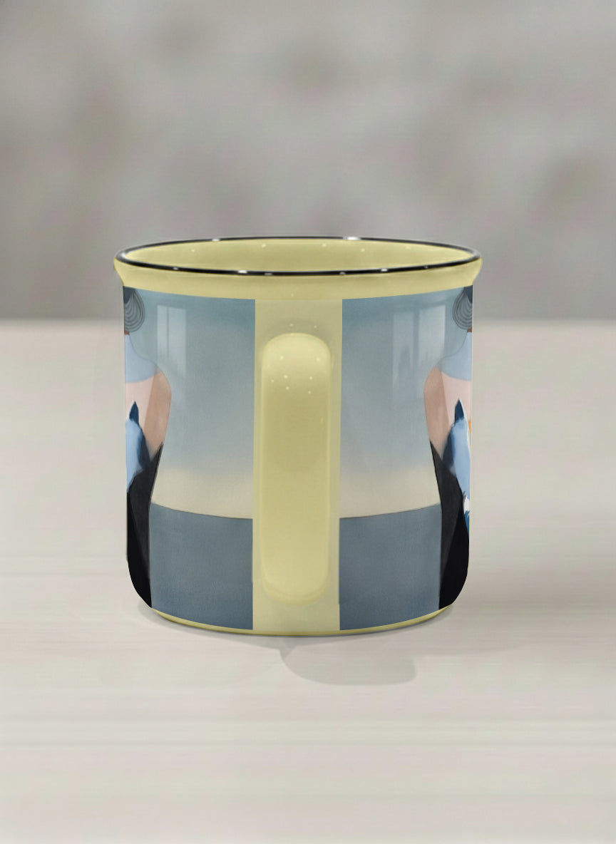 Enamel mug | A Mountain to Climb side view mug woman gazing over jagged peaks and a golden sun on teal horizon, butter yellow interior, by KikaG - Gallery By Inhesion
