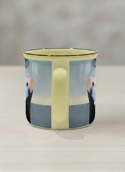 Enamel mug | A Mountain to Climb side view mug woman gazing over jagged peaks and a golden sun on teal horizon, butter yellow interior, by KikaG - Gallery By Inhesion
