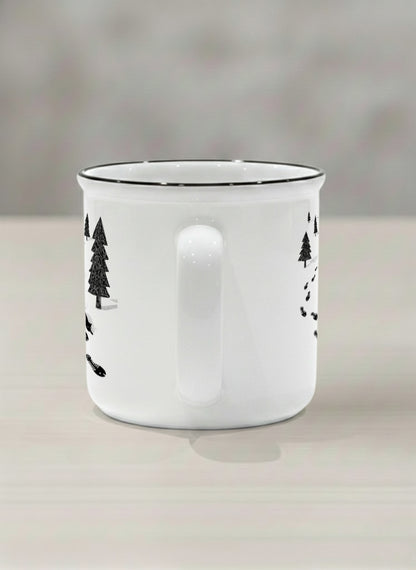 Enamel Mug | The Curious Cat side view mug shows a sketch of a cat following fish-shaped footprints by Tang Yau Hoong - Gallery By Inhesion
