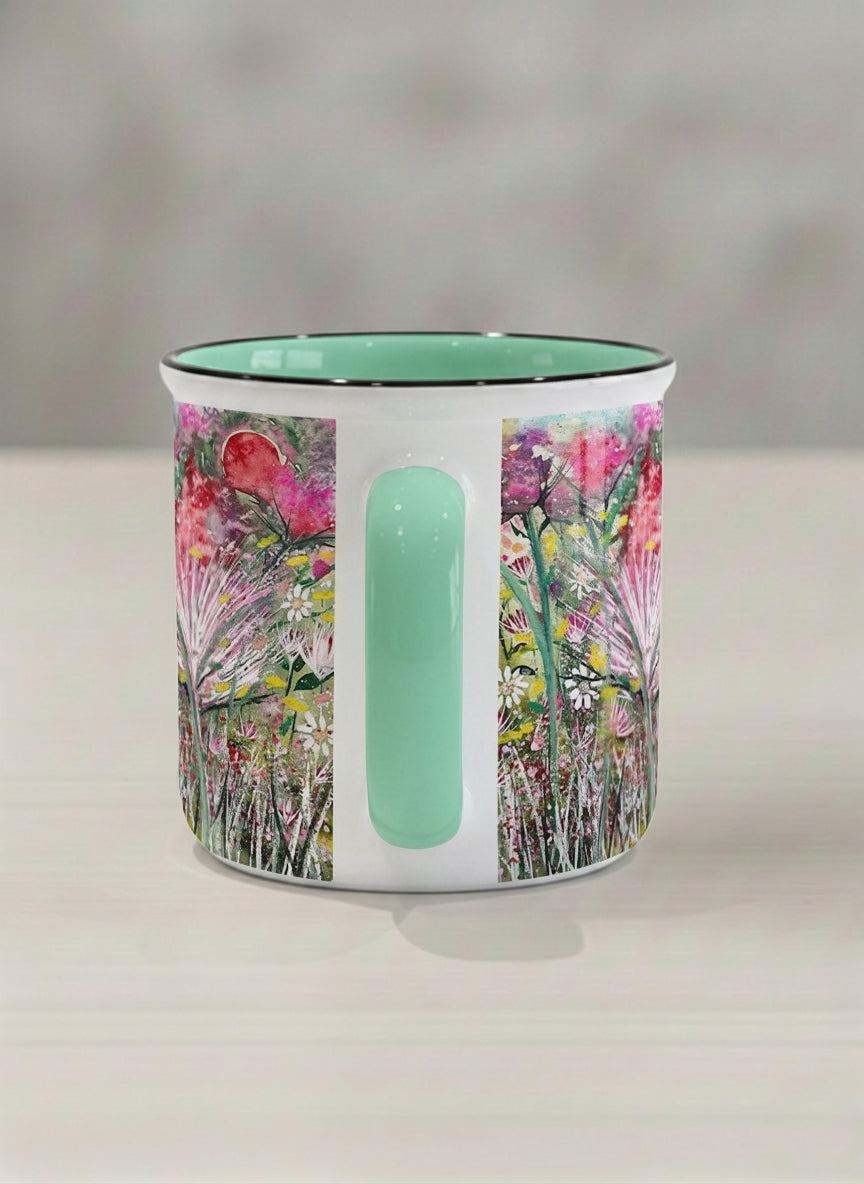 Enamel Mug | Garden Mantra side view mug with a vibrant floral design and colorful abstract pattern by Renee Pupetz - Gallery By Inhesion