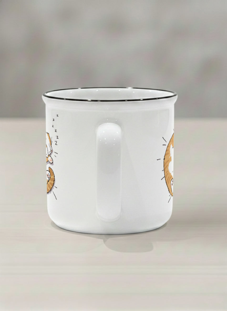 enamel Mug | Sweet Dreams side view mug, a ginger tabby cat curled into a perfect circle fast asleep with tiny zzz's floating above, clean white interior and handle, by Hyun Jung Cho - Gallery By Inhesion