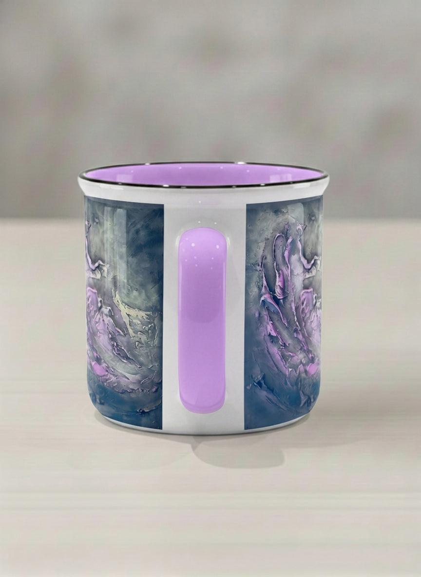 Enamel Mug | Modern purple tea side view  mug with elegant abstract floral-inspired marbling, pastel handle, and contemporary design for home or office use.