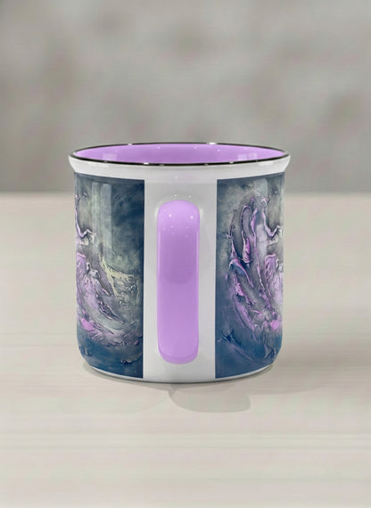 Enamel Mug | Modern purple tea side view  mug with elegant abstract floral-inspired marbling, pastel handle, and contemporary design for home or office use.