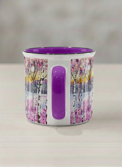 enamel Mug | Living in Colour side view mug shows colorful watercolor birch trees in a dreamy forest landscape by Renee Pupetz - Gallery By Inhesion