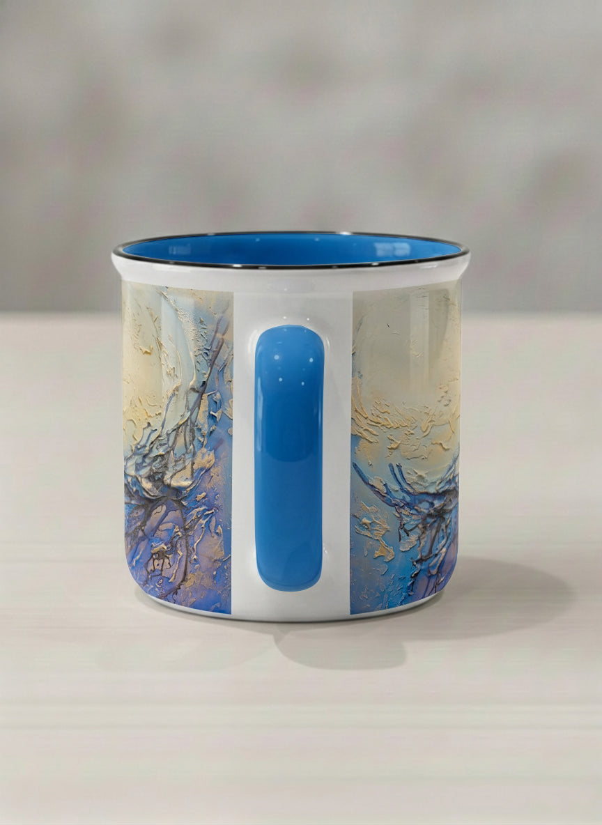 Enamel Mug | Touches of depth side view mug showing abstract pattern in blue, white, and gold by Mersedes Mein - Gallery By Inhesion