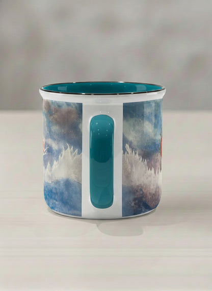 Enamel Mug | Sun Rise side view mug with a colorful sun rise over a misty landscape and abstract trees by Renee Pupetz - Gallery By Inhesion