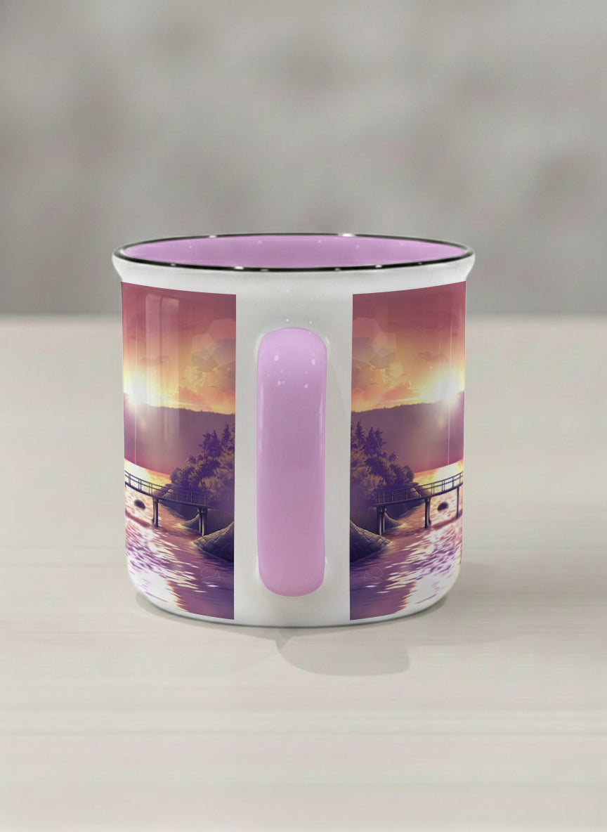 Enamel Mug | Gaze into the Golden Hour side view mug glowing sunset over a lakeside pier in warm amber and violet, soft lilac interior, by Samuel Kwok Gallery By Inhesion