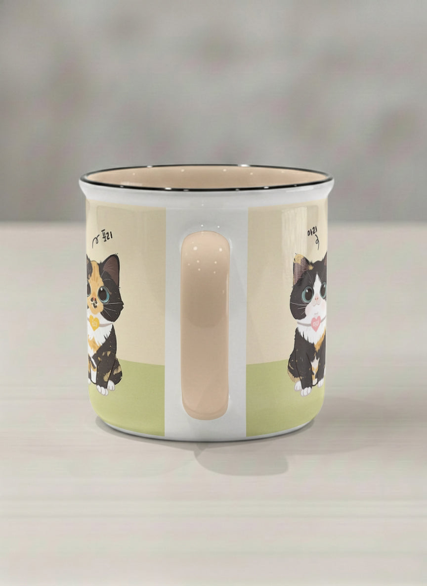 Enamel mug | Our Precious Pair side view mug, two adorable tuxedo cats side by side with Korean name tags and tiny red hearts, soft cream interior and handle, by Hyun Jung Cho - Gallery By Inhesion