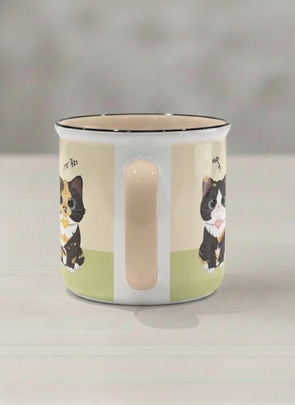 Enamel mug | Our Precious Pair side view mug, two adorable tuxedo cats side by side with Korean name tags and tiny red hearts, soft cream interior and handle, by Hyun Jung Cho - Gallery By Inhesion