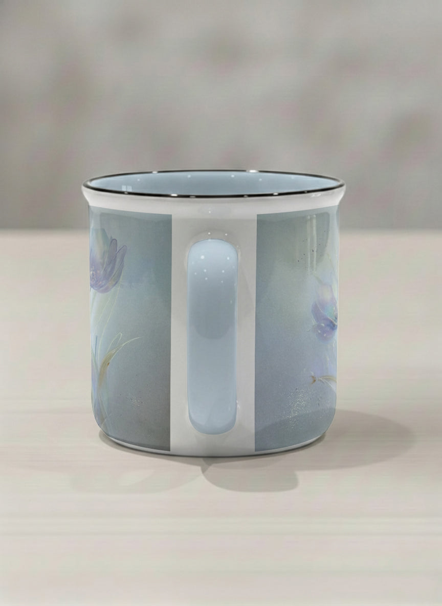 enamel mug | Glass Petals side view mug, a delicate translucent poppy bloom emerging from a soft misty blue-grey wash, matching powder blue interior and handle, by Karina Mosser - Gallery By Inhesion