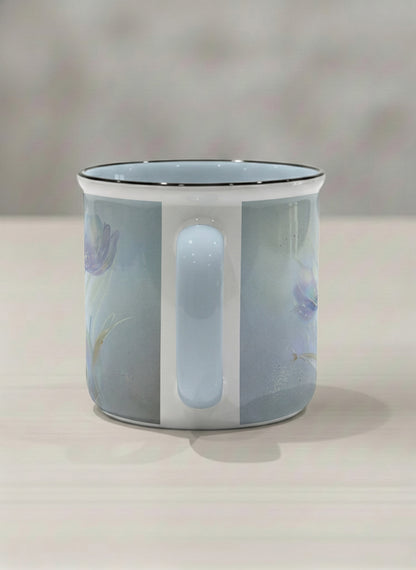 enamel mug | Glass Petals side view mug, a delicate translucent poppy bloom emerging from a soft misty blue-grey wash, matching powder blue interior and handle, by Karina Mosser - Gallery By Inhesion