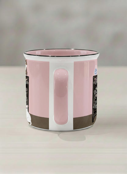Enamel Mug | Korean Beauty & Felines side view mug cats by ornate black lacquer cabinet with floral carvings, blush pink interior, by Hyun Jung Cho