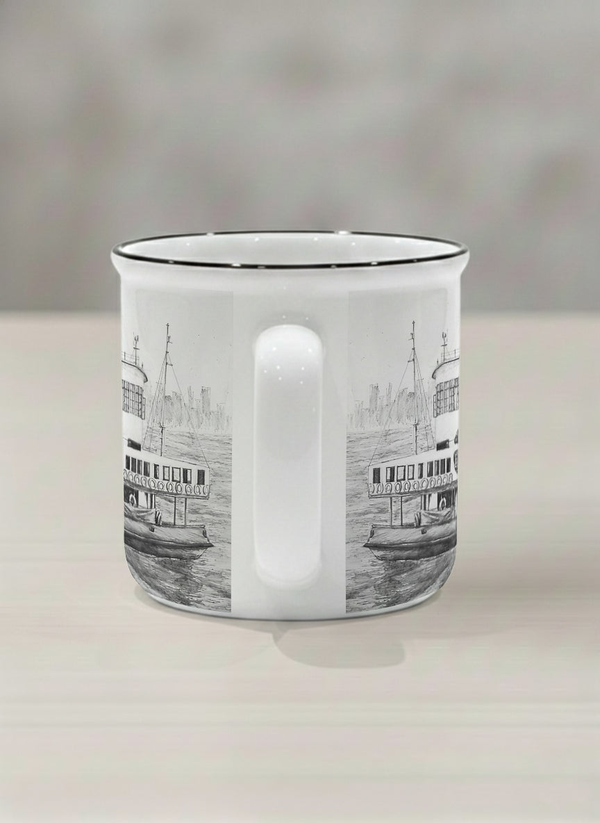 Enamel Mug | The Star of the Harbor side view mug showing a sketch of Star Ferry Pier in Hong Kong by Samuel Kwok - Gallery By Inhesion