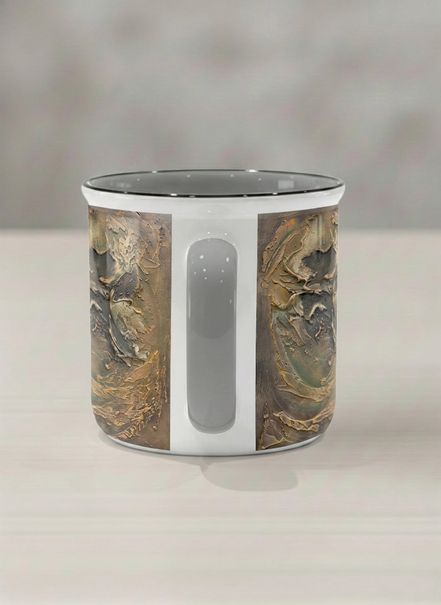 Enamel Mug | Memories of The Soul side view mug featuring abstract earth tones and natural patterns by Mersedes Mein - Gallery By Inhesion