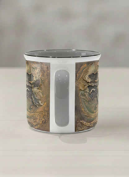 Enamel Mug | Memories of The Soul side view mug featuring abstract earth tones and natural patterns by Mersedes Mein - Gallery By Inhesion
