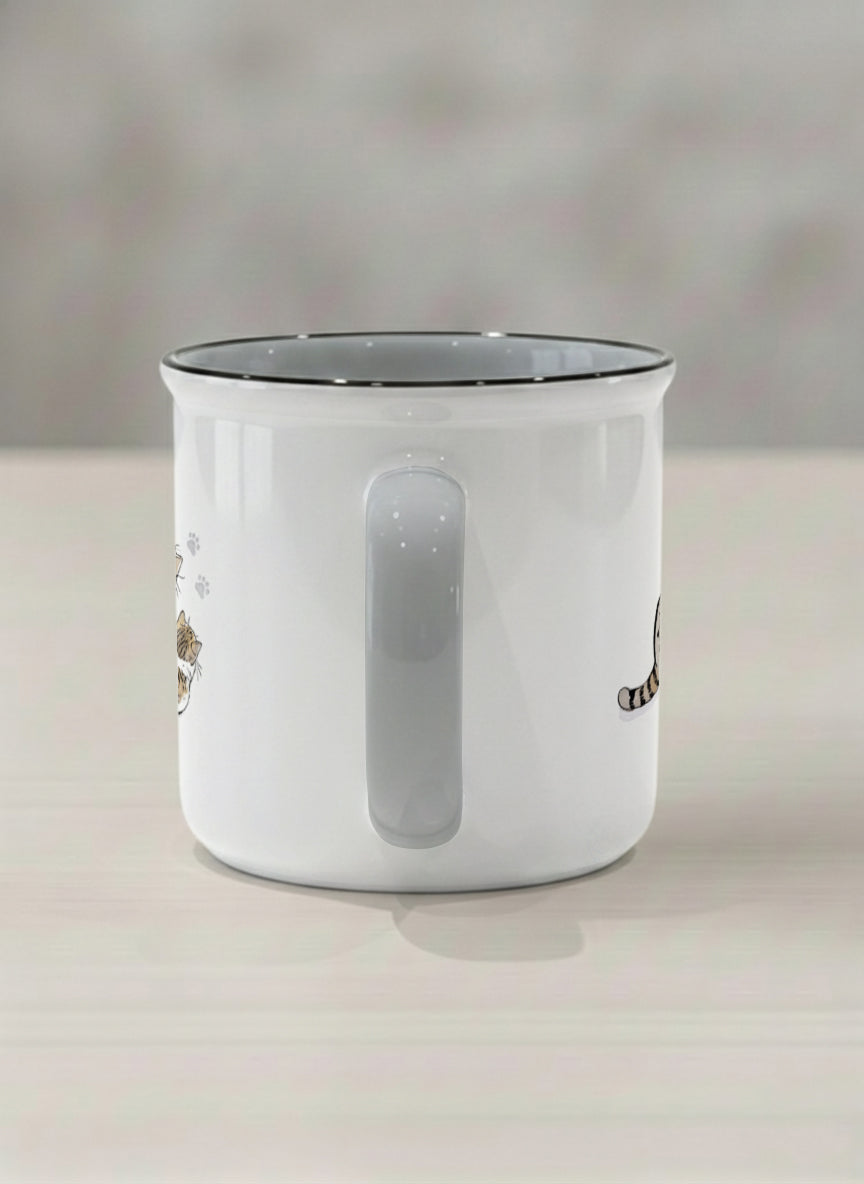 enamel mug | By Your Side side view mug with two cats and paw prints, by Hyun Jung Cho- Gallery By Inhesion