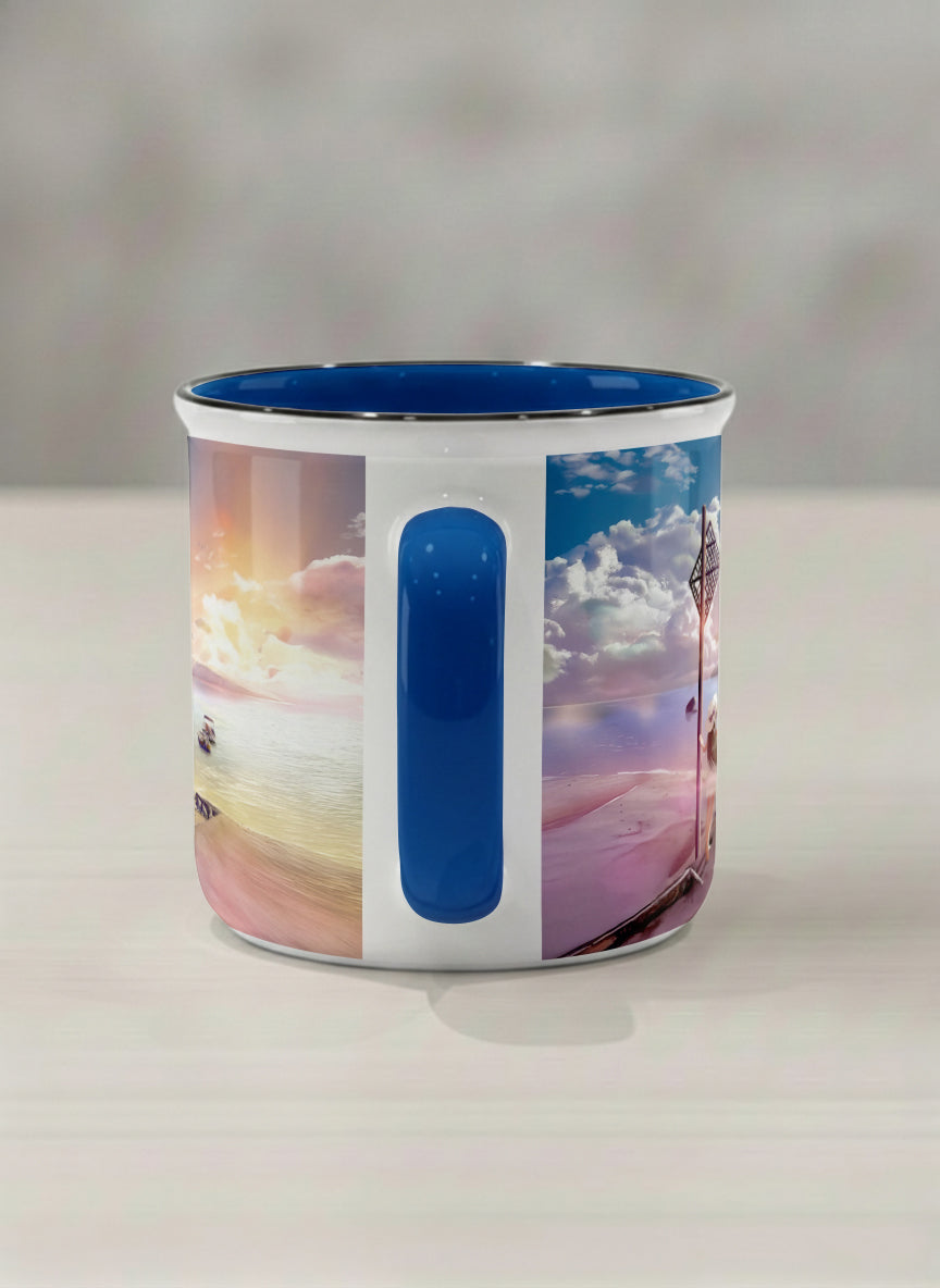 Enamel Mug | The Shore of Summer Longing side view mug showing a scenic beach illustration with a girl and a sunset by Samuel Kwok - Gallery By Inhesion