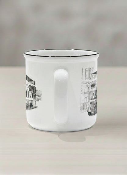 Enamel Mug | Lines of the Past  side view mug showing a pen drawing bus in Hong Kong by Samuel Kwok - Gallery By Inhesion