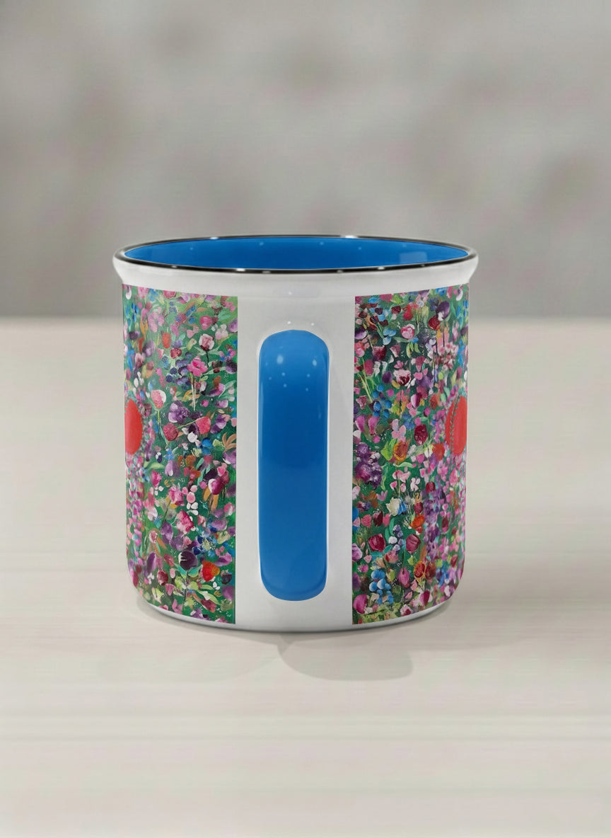 Enamel Mug | Eye Candy side view mug showing vibrant floral patterns design by Renee Pupetz - Gallery By Inhesion
