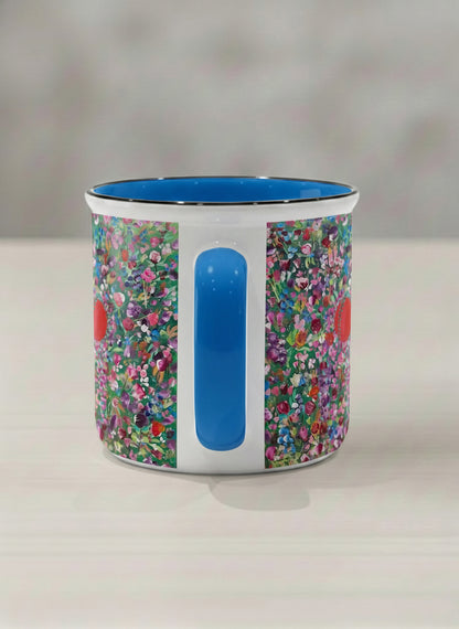 Enamel Mug | Eye Candy side view mug showing vibrant floral patterns design by Renee Pupetz - Gallery By Inhesion