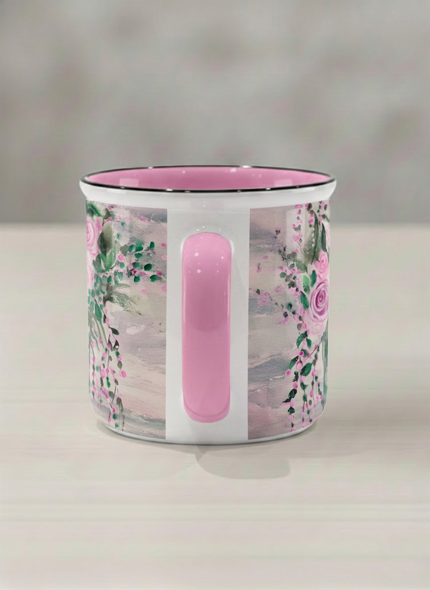 Enamel Mug | Pink Roses in a Jar side view mug showing painted pink roses and greenery on a light background design by Renee Pupetz - Gallery By Inhesion