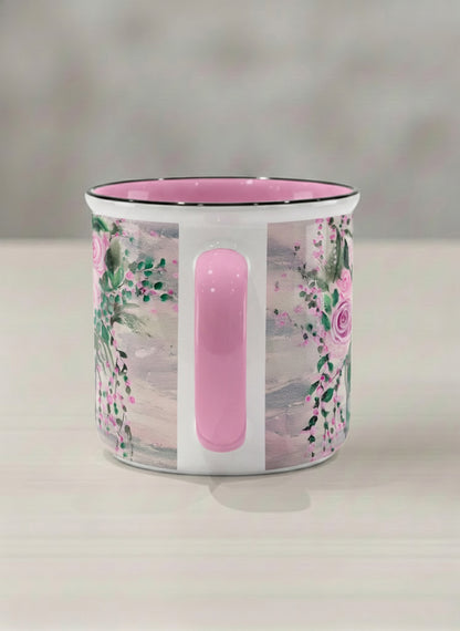 Enamel Mug | Pink Roses in a Jar side view mug showing painted pink roses and greenery on a light background design by Renee Pupetz - Gallery By Inhesion