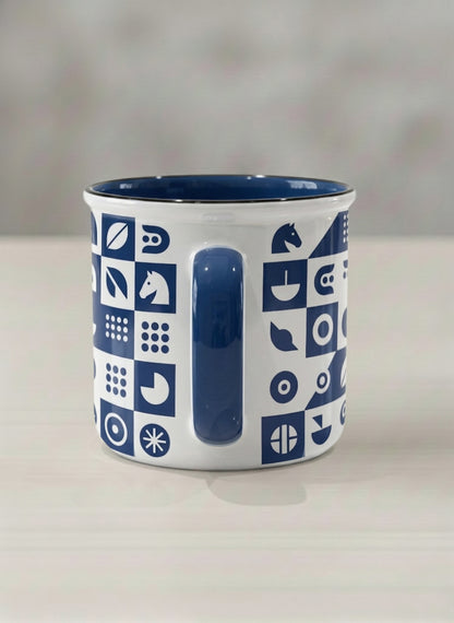 Enamel Mug | Multiversal Sigils side view mug, navy and white checkerboard pattern with icons, blue interior and handle, by Alan CL Lee - Gallery By Inhesion