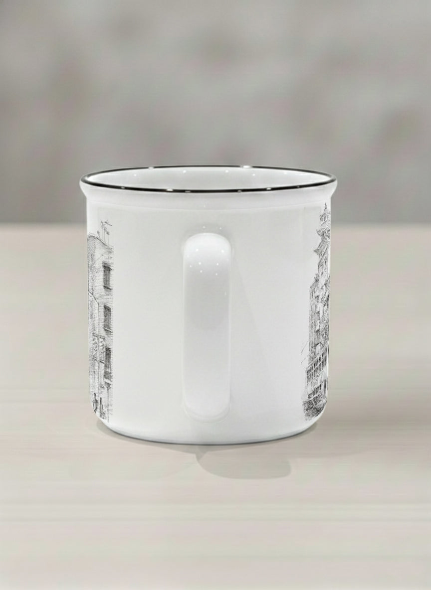 Enamel Mug | Tramway Through Time side view mug showing a sketch of streets and tram in Hong Kong by Samuel Kwok - Gallery By Inhesion